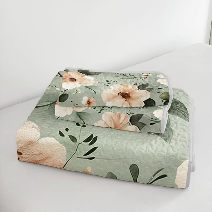 AILONEN Twin Quilted Comforter Set 3 Piece Sage Green Floral Bedspread Coverlet 2 Pillowcases Soft Botanical Bedding Kids Dorm Room Vintage Cottagecore Shabby Chic Rustic Nature