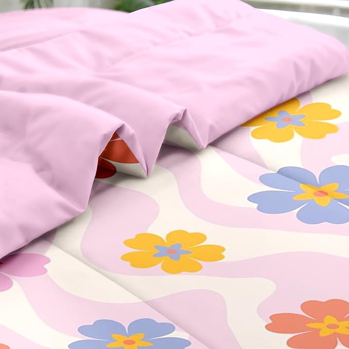 Pamnest Comforter Set King Size, Retro Daisy Pink 7 Pcs Bedding for Kids and Adults, Hippie Aesthetic Kids Bed Sheet Sets with Fitted Sheet 2 Pillowcases & 2 Shams for Bedroom Bed Decor