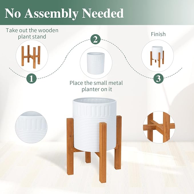 2-Piece White Metal Planter Set with Wood Stand, Indoor Mid Century Modern Planters with Drainage, 8" & 10"