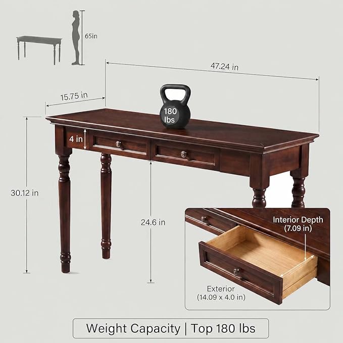 47" Narrow Solid Wood Writing Desk with Drawers, Walnut French Country Style Computer Desk for Home Office, Living Room or Study