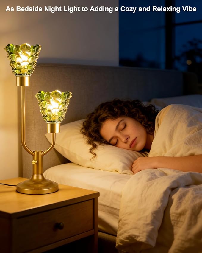 Lightdot Vintage Green Glass Table Lamp for Living Room Dimmable Mid Century Modern Desk Lamp Gold Nightstand Lamp 2 Bulbs Included Warmwhite Ambient Bedside Lamps for Bedroom Home Office Decor Gift