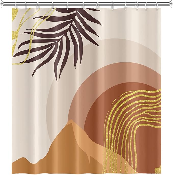 Abstract Mid Century Boho Bathroom Shower Curtain with Eucalyptus Leaves Gold Lines Mountains, Waterproof Fabric Polyester, 60x72 Inch