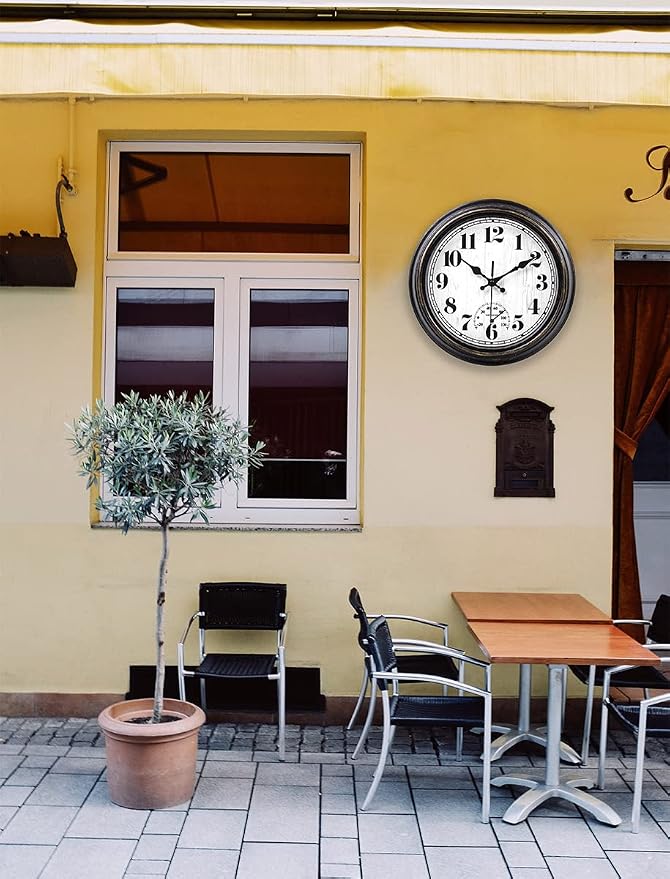 45MinST 12 Inch Indoor/Outdoor Retro Round Waterproof Wall Clock with Thermometer, Silent Non Ticking Battery Operated Quality Quartz Wall Clock Home/Patio Decor(Black Gold)