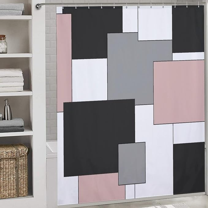 Retro Geometric Shower Curtain,Pink Black Modern Geometry Minimalist Neutral Design Bathroom Curtain Polyester Waterproof Fabric Decor 72x72in（183x183cm）