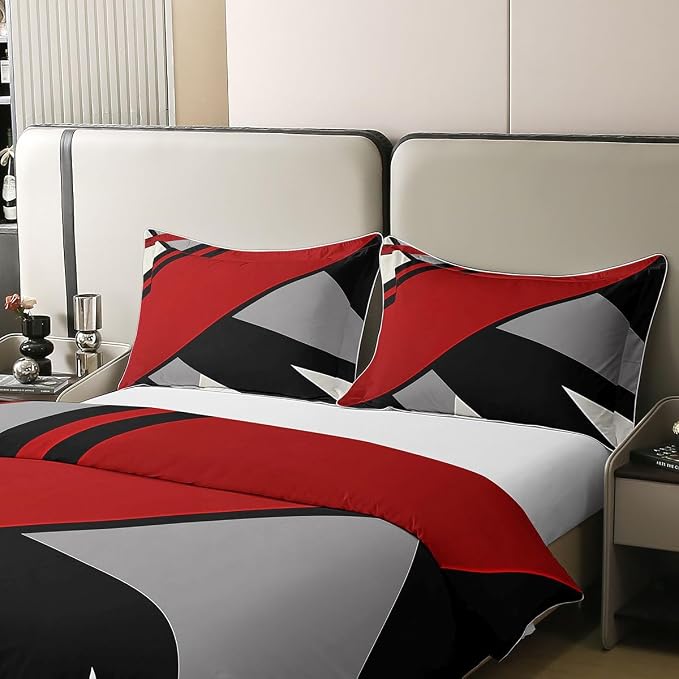 Erosebridal Red Black Grey Art 100% Cotton Duvet Cover Twin Geometric Patchwork Bedding Set for Kids Teens Adults Triangle Print Comforter Cover Modern Aesthetics Bed Set 2 Pcs
