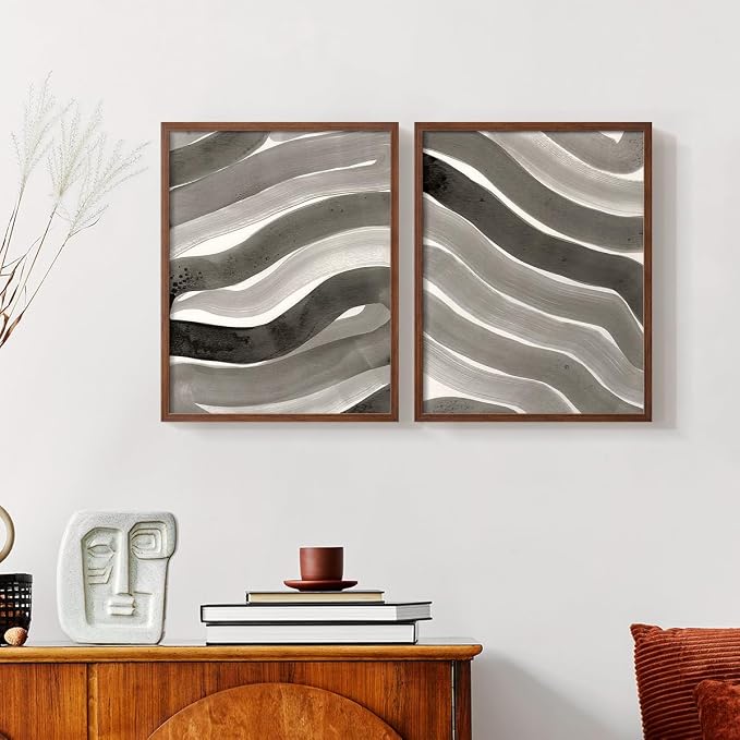 Renditions Gallery Set of 2 Peel & Stick Framed Prints, Watercolor Abstract Wall Art, Black and White Bold Brushstrokes Wall Decor, Re-Stickable - Ready to Hang - 11"x14" - Walnut Frame LT588