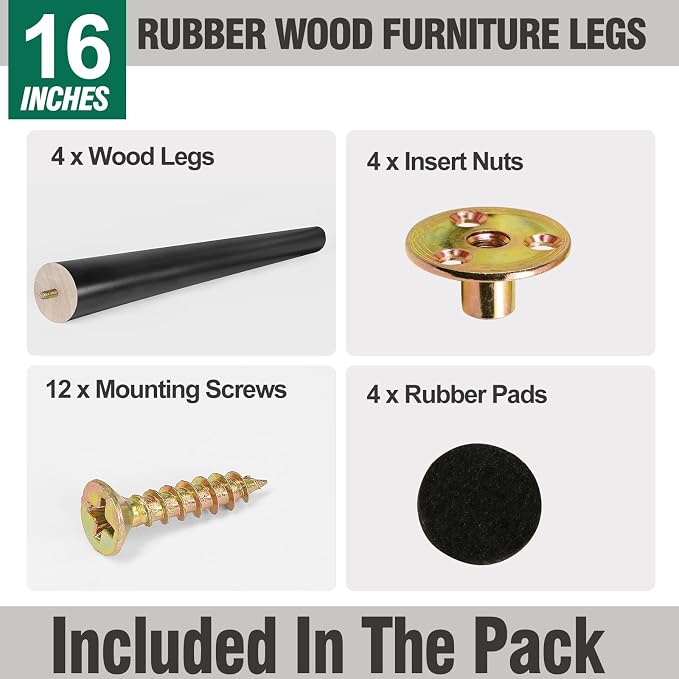 FoDau770 Black Rubber Wood Furniture Legs 16 Inches, Slant Tapered Wood Feet Mid Century Table Legs Set of 4, 5/16" UNC Screw-in Furniture Feet - Max Leg Diameter 2.3"