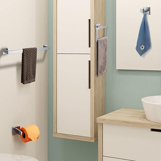 Brushed 4-Piece Bathroom Hardware Set Premium Stainless Steel Bath Towel Bar Sets Wall Mounted Square Bathroom Accessories Kit, 23.6 Inch Brushed Nickel