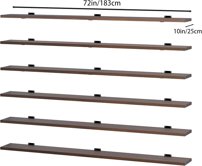 6 Tier Book Shelf, 72 inch Walnut Long Floating Shelf for Wall, Adjustable Large Bookcase, Wall Mounted Bookshelf for Living Room