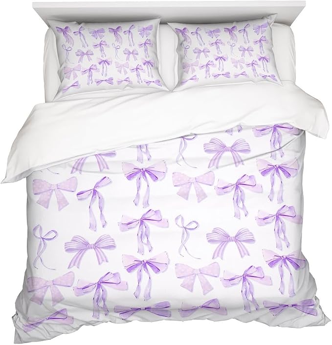 Trendy Purple Bow Duvet Cover Full Queen Size Coquette Bedding Set Graceful Style Light Purple Bowknot Bed Cover,Kids Girls Super Soft Bedding Set Funky Preppy Girly Room Decor 88"x88"