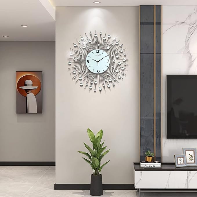 Modern Wall Clock for Living Room Decor Large Bedroom Silent Decorative Wall Watch Metal Quiet Crystal Kitchen Big Office Farmhouse Frameless 25.6 Inch