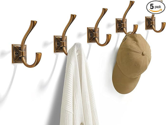 TUNNY 5 Pack Antique Design Wall Hanging Coat Hooks - Antique Brass Coat Hooks Towel Hook for Entry Shoe Cabinet, Wardrobe Bathroom Bedroom Furniture Hardware