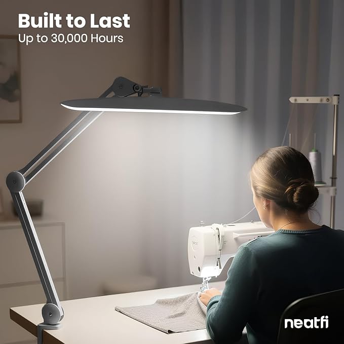 Neatfi XL Nail Desk Lamp with Clamp, 2200 Lumens, 20-Inch Wide Head, Dimmable 4 Levels, 6500K, LED Task Light for Manicure Table, Crafts, Workbench, Office (Non-CCT, Silver)