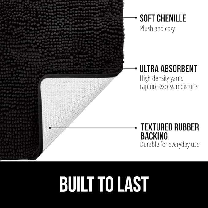GORILLA GRIP Bath Rug Mat 30x20, Thick Soft Absorbent Chenille, Quick Dry Microfiber Mats, Rubber Backing Washable Shower Floor Rugs, US Designed Bathroom Bathmat Home Decor Accessories, Black