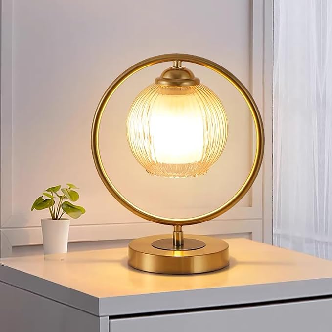 Glass Table Lamp Gold Mid Century Modern Desk Lamp Nightstand Light Round Ribbed Glass Shade Globe Reading Lamp for Bedroom Study Room Office
