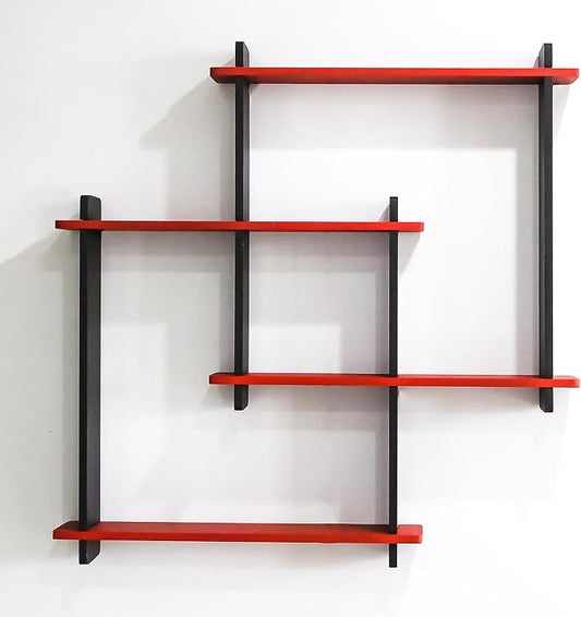 Modern Wall Mounted Zigzag Shelf Rack – Decorative Wooden Floating Display Unit for Living Room, Bedroom & Office Decor (RED)