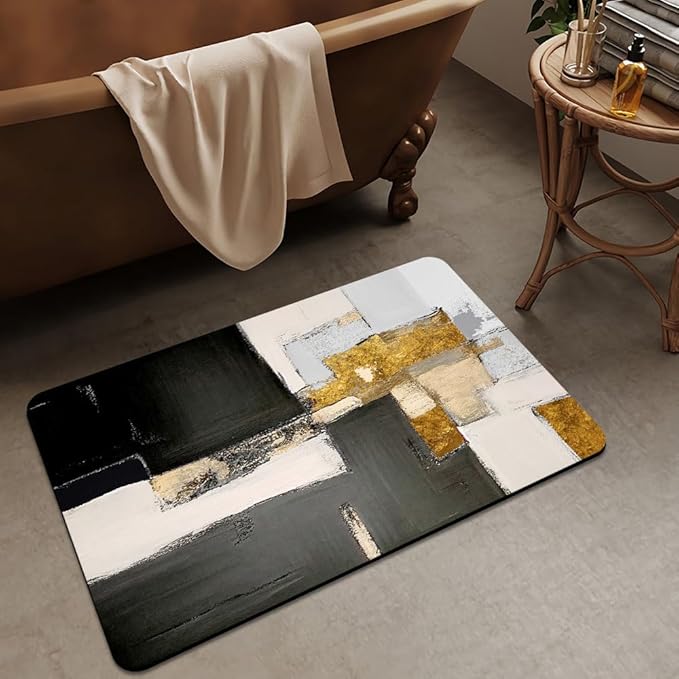 Bath Mat Rug,Abstract modern black gold Non Slip Quick Dry Super Absorbent Thin Bathroom Rugs Fit Under Door-Easy to clean Bathroom Floor Mats-Shower Rug for Shower Sink Bathtub(17" x 27.5"In)