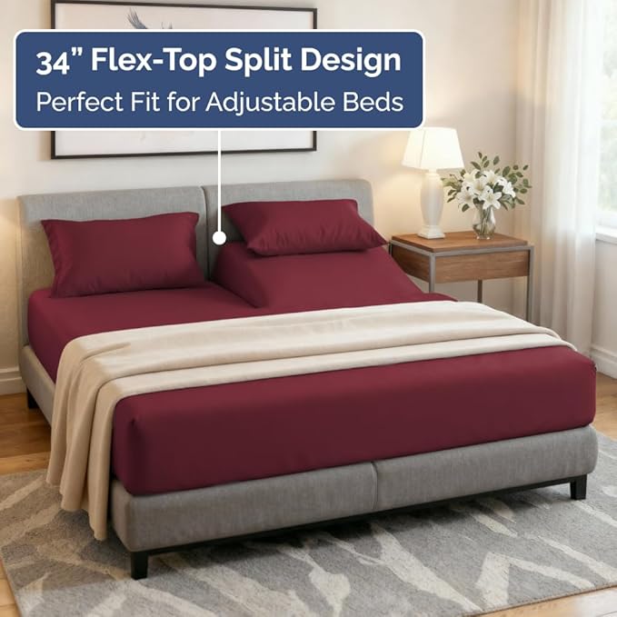 Flex Top Split Head King 4 Piece Sheet Set - Soft, Breathable & Cooling Bed Sheets Set - Hotel Luxury Bedding for Women & Men with Deep Pockets - Wrinkle Free & Fade Resistant - Oeko-Tex - Burgundy