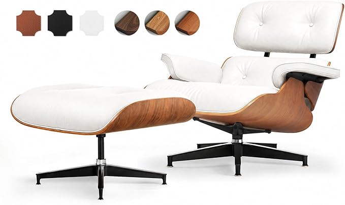 Top Grain Leather, Mid Century Chaise Lounge Chair and Ottoman, Reading Chair, Accent Lounge Chair, Modern Chair, Classic Design, Heavy Duty Base Support for Living Room Lounge Office, Walnut-White