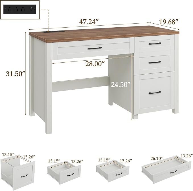 Vabches Farmhouse 47" Executive Desk, Computer Desk with File Drawer and Charging Station, Workstation for Home Office, Study,(Unique White).