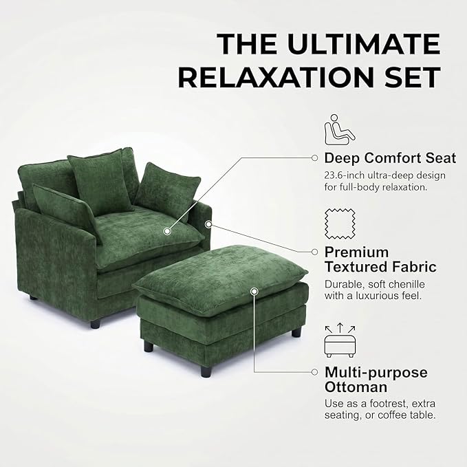 GRAVFORCE Oversized Chair with Ottoman, Comfy Upholstered Chaise Lounge Chair, Accent Indoor Reading Chairs for Living Room, Bedroom (Green)