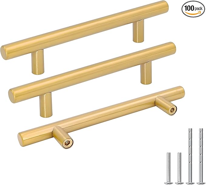 Goldenwarm 100 Pack Brushed Brass Cabinet Cupboard Drawer Door Handle Pull Knob for Furniture Kitchen Hardware 4-1/2in Hole Centers