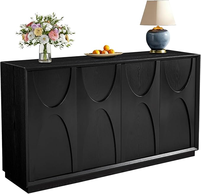 LKTART 59" Sideboard Buffet Cabinet Retro Accent Storage Cabinet with Magnetic Door Latches Adjustable Shelf for Living Room Kitchen(Black)