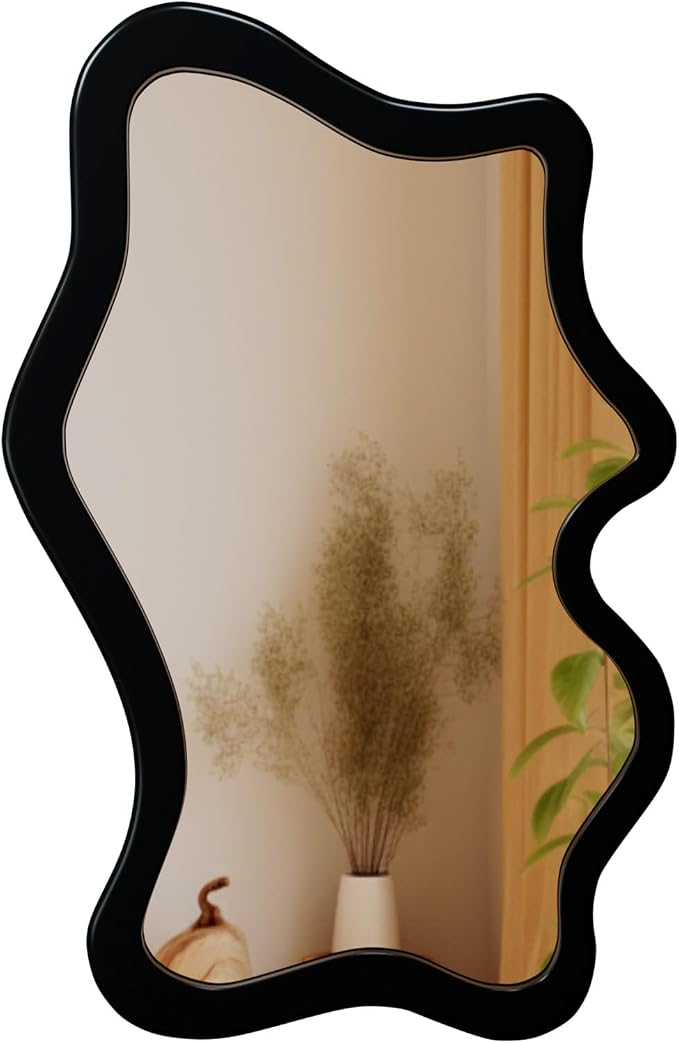 43"x 28" Irregular Wall Mirror, Black Wood Framed Wall Mirror, Asymmetrical Wall Wavy Mirror for Living Room Bedroom Entryway Bathroom Modern Decorative Mirror with Hanging Hooks