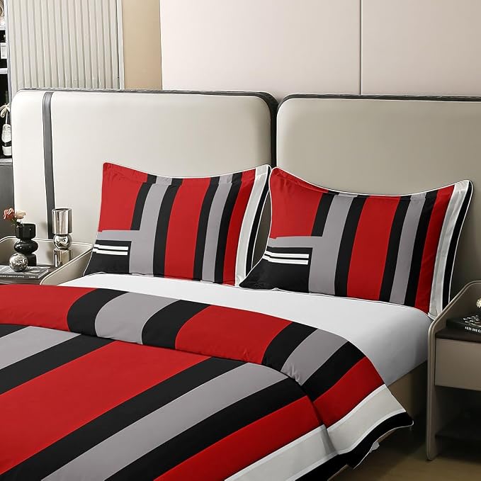 Erosebridal Red Grey Black Bedding Set Queen Abstract Geometric 100% Cotton Duvet Cover Minimalist Striped Comforter Cover for Kids Teens Adults Aesthetics Art Modern Bed Set 3 Pcs