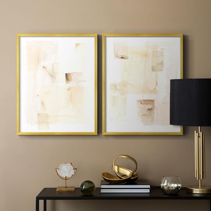 Renditions Gallery Set of 2 Peel & Stick Framed Prints, Abstract Wall Art, Mixed Handmade Oil Painting Wall Decor, Re-Stickable - Ready to Hang - 11"x14" - GOLD Frame LT588