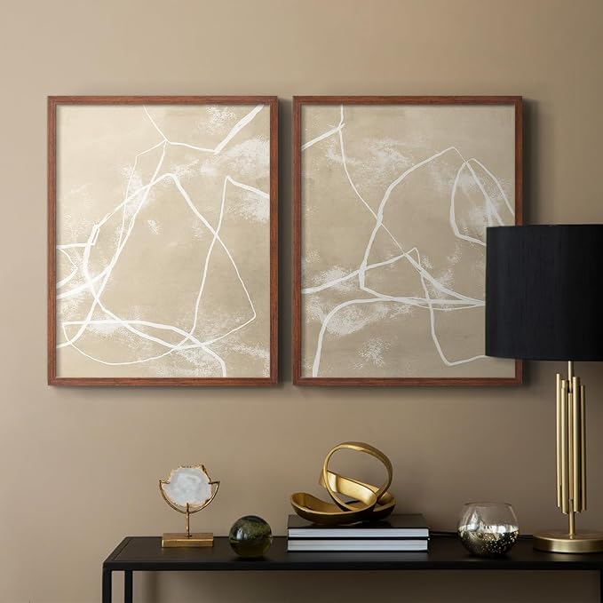 Renditions Gallery Set of 2 Peel & Stick Framed Prints, Neutral Abstract Wall Art, Beige Line Art Pattern Wall Decor, Re-Stickable - Ready to Hang - 16"x20" - Walnut Frame LT588