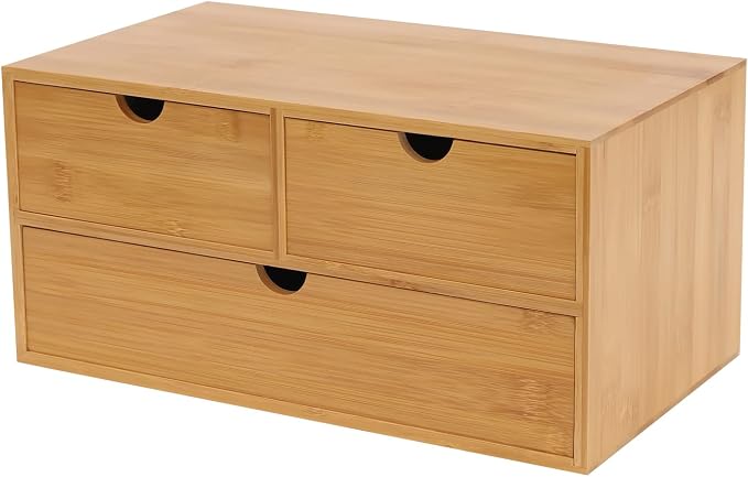 Bamboo Desk Organizer Small Retro Bamboo Tabletop Storage Box with Drawers& Recess Handles for Office Home Supplies Table Storage Collector 13 * 7.5 * 6in (3 Drawers/2 Top&1 Bottom)