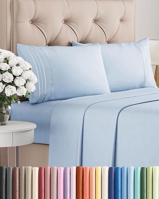 Cal King Size 4 Piece Sheet Set - Comfy Breathable & Cooling Sheets - Hotel Luxury Bed Sheets for Women & Men - Deep Pockets, Easy-Fit, Soft and Wrinkle Free Sheets - Sky Blue Oeko-Tex Bed Sheet Set