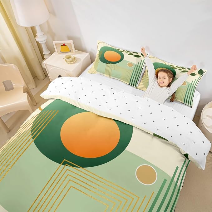 Erosebridal Boho Mid Century Duvet Cover Full Size Green and Beige Neutral Modern Comforter Cover Geometric Abstract Bedding Set Minimalist Aesthetic Bed Set