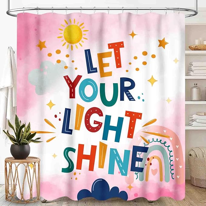 Pink Rainbow Shower Curtain for Bathroom, Boho Cute Inspirational Motivational Quotes Rainbow Colorful Baby Kids Girls Waterproof Fabric Shower Curtain Set with Hooks, 72"x78" Inch
