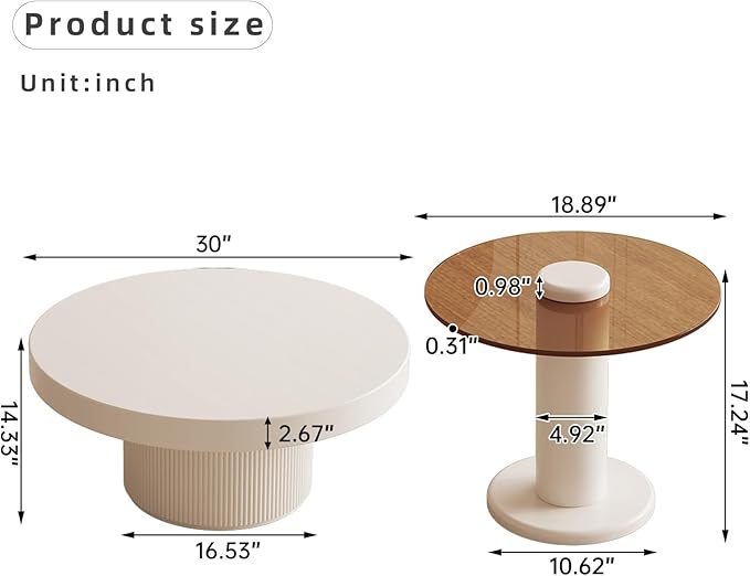 Guyii Round Nested Coffee Table Set, Creamy White Coffee Table and Tempered Glass Side Table Set, 2 in 1 Modern Nesting Coffee Table, End Table for Living Room, Bedroom, Small Spaces