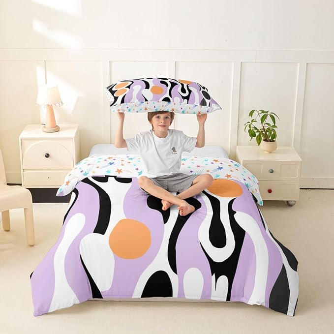 Mid Century Modern Abstract Duvet Cover Set Vintage Geometric Girl Toddler Bedding Set for Preteen Boys Girls Contemporary Organic Shapes Comforter Cover Squiggle Blob Bed Sets,Lavender Peach
