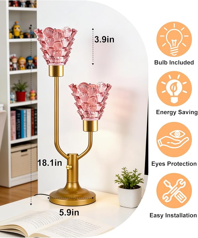 Lightdot Mid Century Modern Table Lamp for Living Room Dimmable Vintage Gold Desk Lamp Red Glass Nightstand Lamp 2 Bulbs Included Warmwhite Ambient Bedside Lamps for Bedroom Home Office Decor Gift