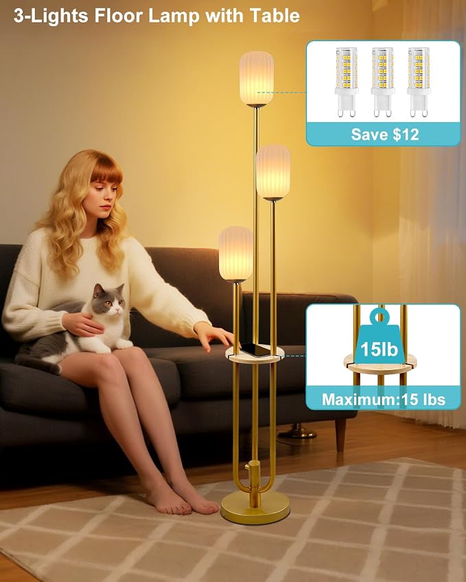 Lightdot Dimmable Floor Lamp with Shelf Modern Gold Tall Floor Lamps with Oval Striped Lampshade for Wedding/Party 3000K Bulb Included 3-Lights Standing Lamp for Living Room/Sofa Beside/Corner Decor