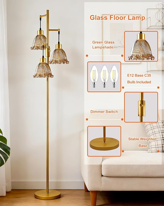 3-Light Modern Glass Floor Lamp, Gold Standing Tall Lamp with Amber Glass Shade for Reading, Dimmable LED Floor Lamp with 5Lbs Heavy Base for Living Room Bedroom Home Decor, Bulb Included