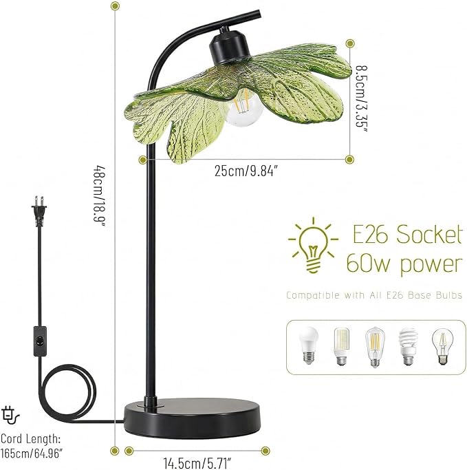 Mid Century Modern Lamps Black Table Lamp, Green Flower Glass Shade Desk Lamp, Small Vintage Bedside Nightstand Light for Living Room Bedroom Farmhouse Office