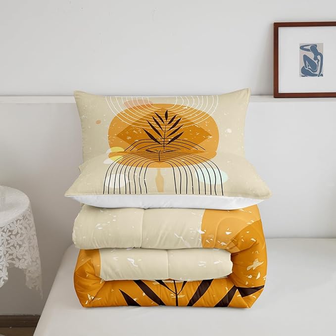 Geometric Stripe Bedding Set Twin Retro Aesthetic Comforter Set, Beige Minimalism Duvet Insert Modern Artwork Quilt Comforter, Mid Century Bedding Comforters & Sets with 1 Pillowcase Super Cozy
