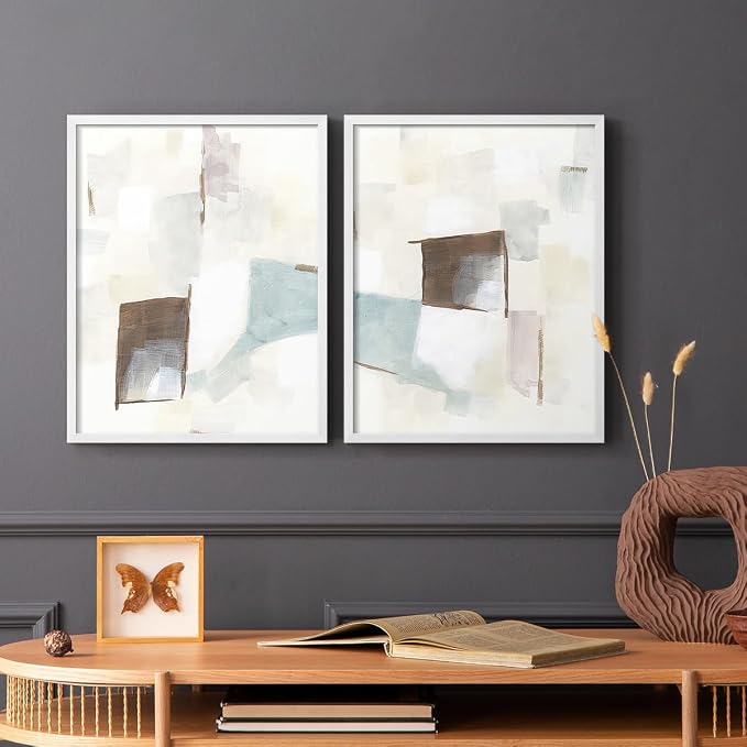 Renditions Gallery Set of 2 Peel & Stick Framed Prints, Abstract Wall Art, Minimalist Color Block Brush Strokes Wall Decor, Re-Stickable - Ready to Hang - 8"x10" - White Frame LT588