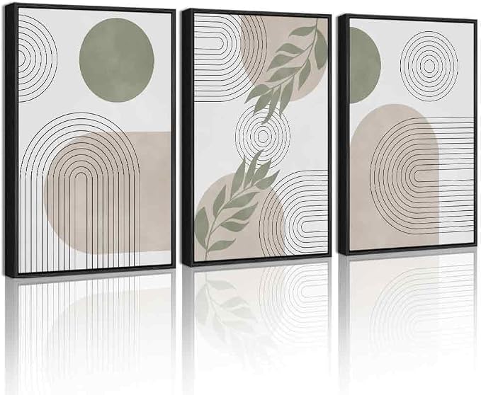 Drsoum Green Bohemian Wall Art Framed Boho Plant Sage Wall Decor Abstract Geometry Artwork Bedroom Home Office Living Room Prints Ready to Hang 16x24in Black Framed