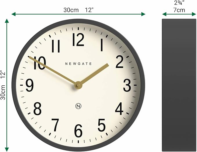 NEWGATE® Master Edwards wall Clock | Mid-Century Style Clock | 12 inch | Deep Metal case in matt Dark Gray | Modern Retro Design for Kitchen, Living Room or Office