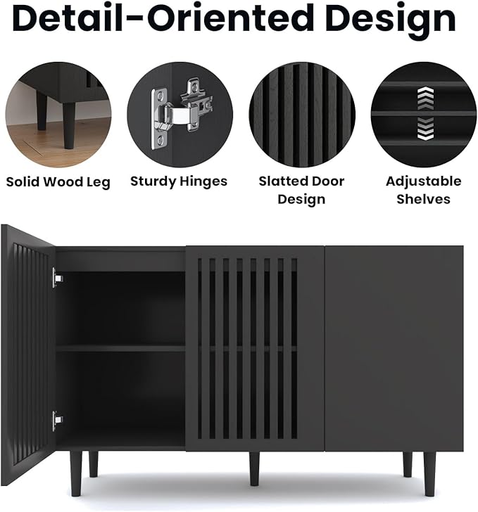 CHUWELL Modern Storage Cabinet, 94.4" Buffet Cabinet with 6 DIY Doors and Adjustable Shelf, Sideboard Coffee Bar with Solid Wood Feet for Kitchen,Dining Room,Living Room,Black