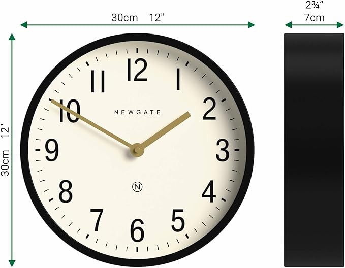 NEWGATE® Master Edwards wall Clock | Mid-Century Style Clock | 12 inch | Deep Metal case in matt Black | Modern Retro Design for Kitchen, Living Room or Office
