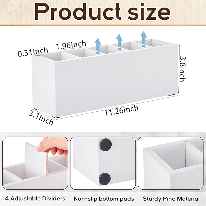 Jetec Wooden Pencil Pen Holder for Desk 5 Compartments Cosmetic Makeup Brush Stationery Office Desktop Organizers for Countertop Adjustable Silverware Caddy for Party, Art Supplies,Home(White)