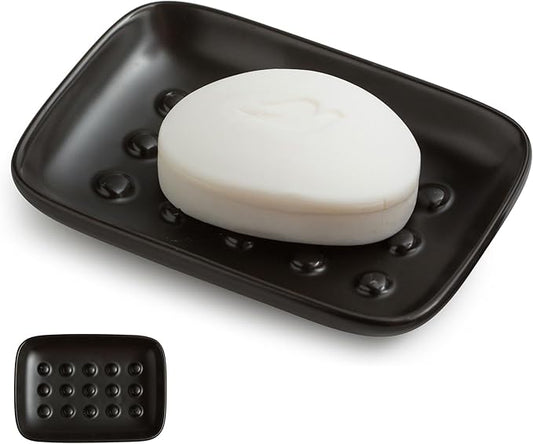 Soap Dish, Ceramic Soap Holder Shower Soap Dish for Bar Soap Sponge, Soap Saver Tray for Bathroom Kitchen Sink, Black