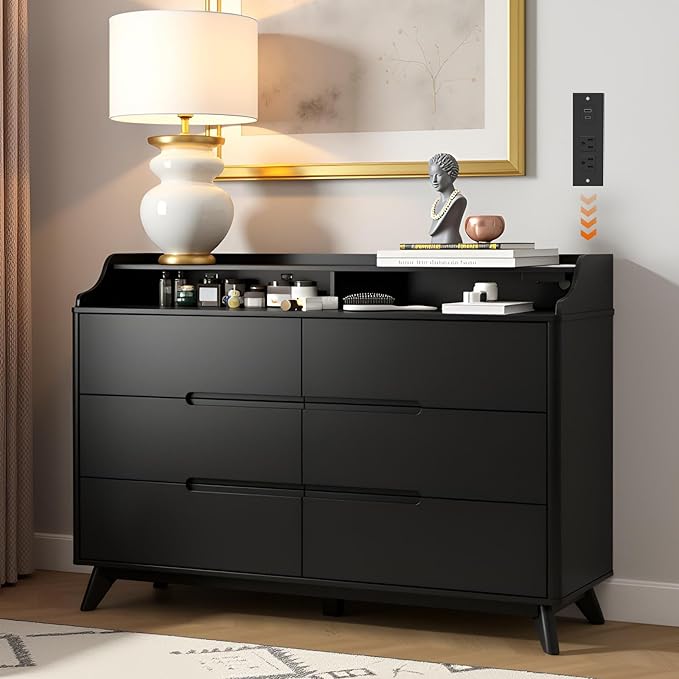 Dresser for Bedroom with 6 Drawers, 55" Large Dresser & Chest of Drawers with Charging Station, Wood Closet Clothes Storage Long Dressers Organizer for Bedroom Living Room Hallway, Black